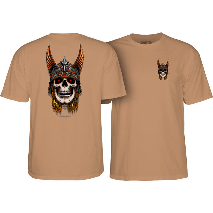 Tan t-shirt with a skull design on the front and back
