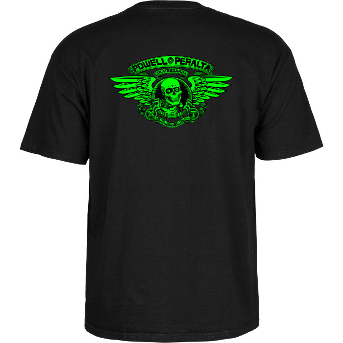 Black t-shirt with green Powell Peralta logo on the back against a white background