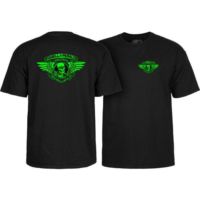 Powell Peralta Winged Ripper Green Blacklight Black t-shirt with green graphic design on a white background