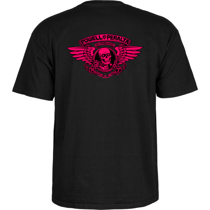 Powell Peralta Winged Ripper Pink Blacklight Black t-shirt with red Powell Peralta logo on the back against a white background