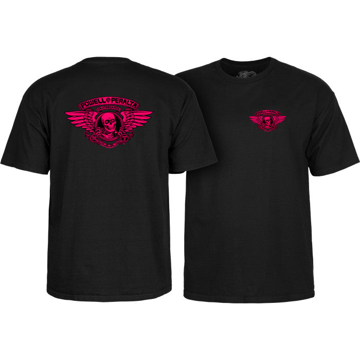 Powell Peralta Winged Ripper Pink Blacklight Black t-shirt with red Powell Peralta logo on a white background