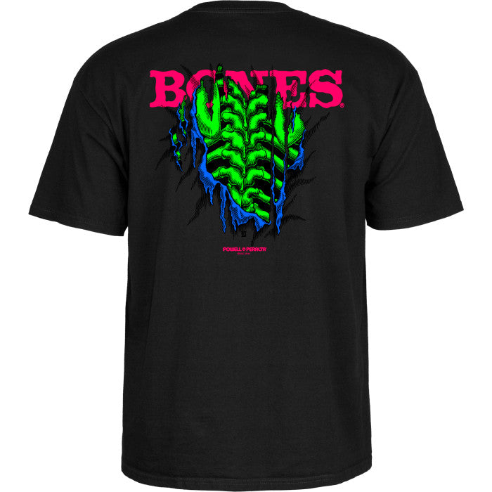 Powell Peralta Shred Blacklight Black t-shirt with green and blue design and 'BONES' text on the back