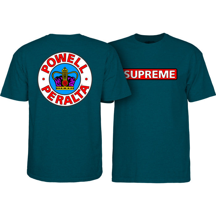 Powell-Peralta Supreme T-Shirt Teal t-shirt with Powell Peralta logo on the back and Supreme logo on the front, displayed side by side.