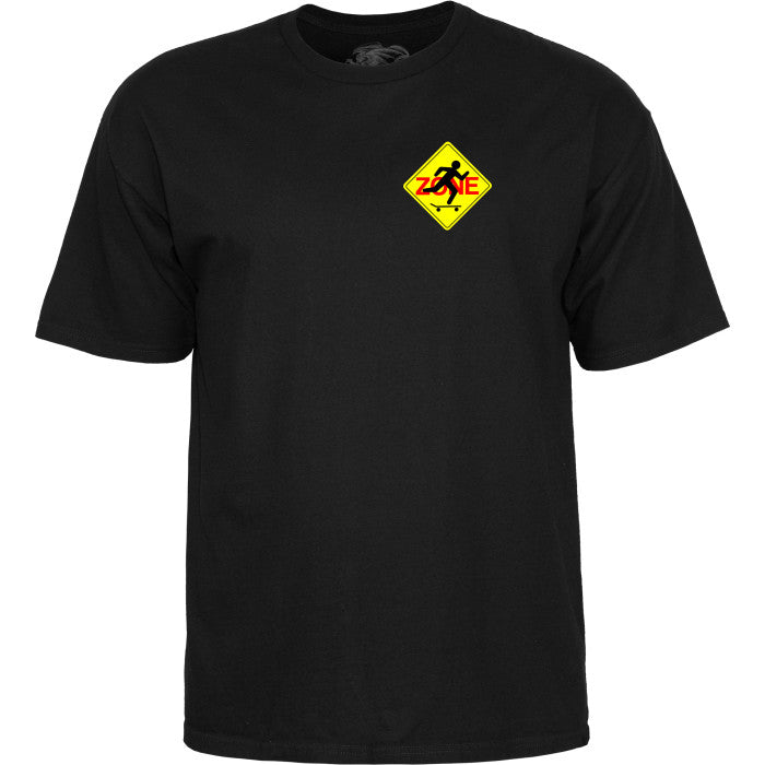 Black t-shirt with a yellow and black sign graphic on a white background