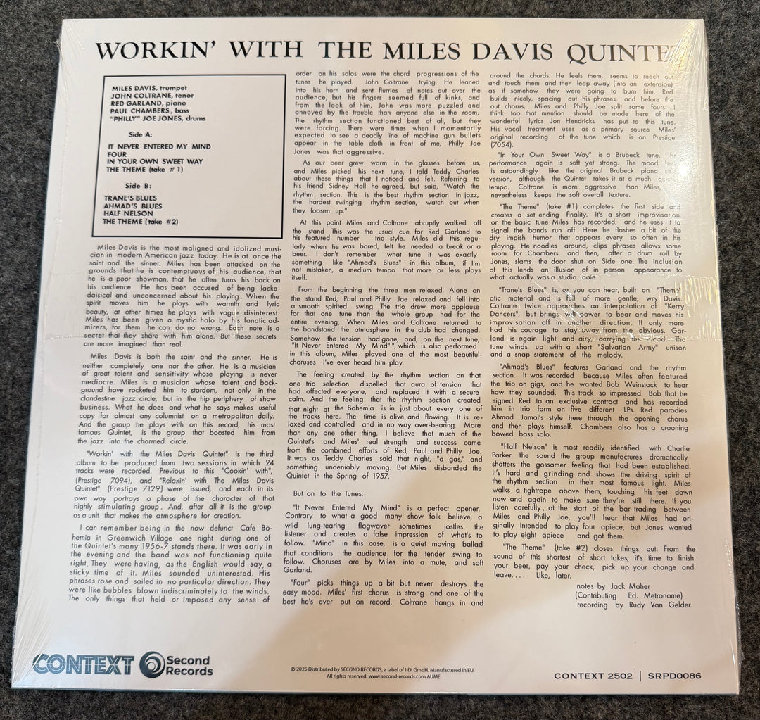 Davis, Miles - Workin' With The Miles Davis Quintet Back Vinyl Record Cover