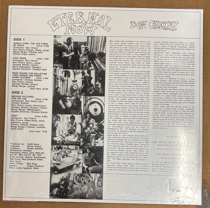 Back cover of a vinyl record with text and black and white photos, titled 'Eternal Now' by Don Cherry.