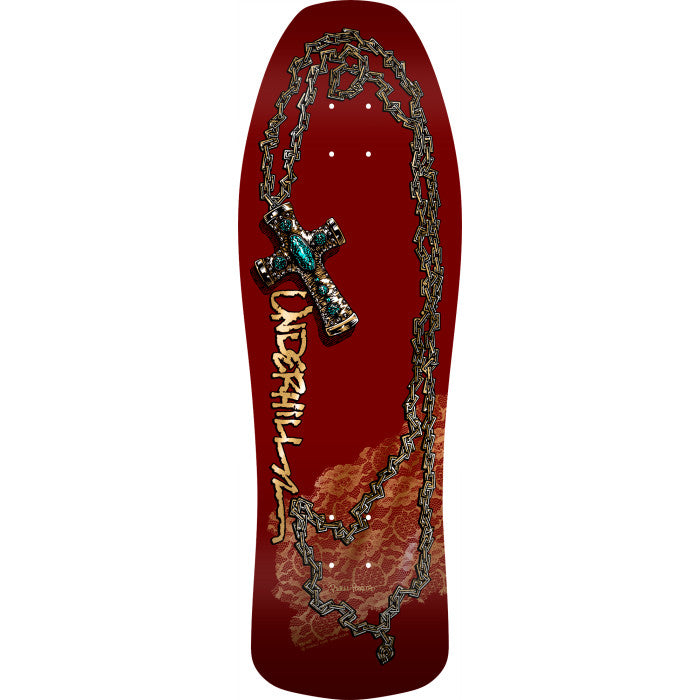 Powell Peralta Ray Underhill Chain Skateboard deck with a chain and key design on a red background
