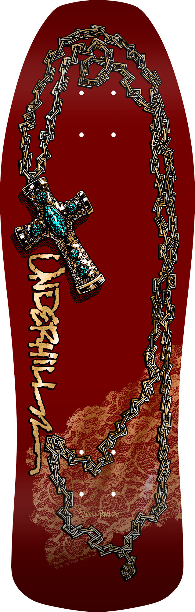 Powell Peralta Ray Underhill Chain Burgundy skateboard deck with decorative cross and chains design on a red background