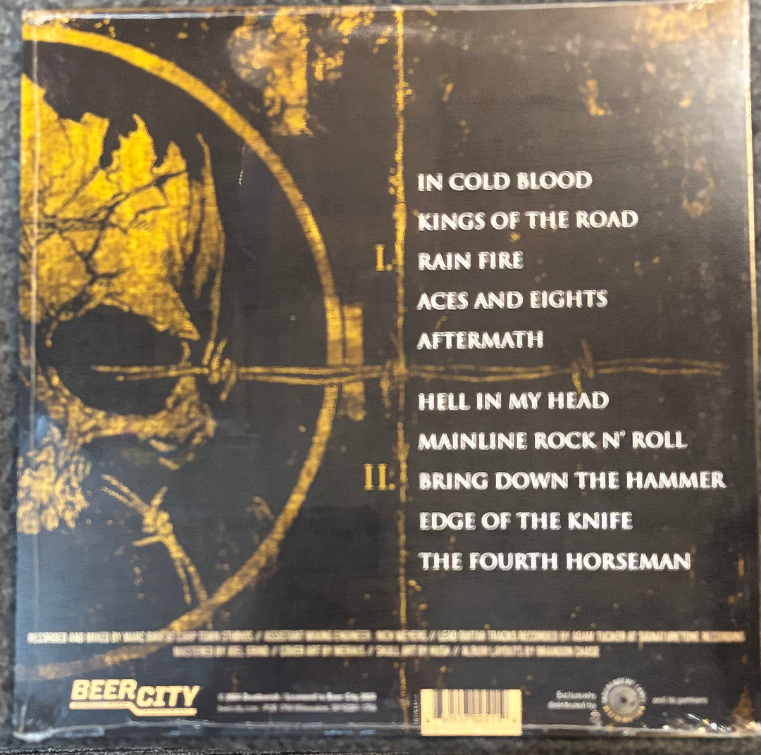 The back cover of Deathwish - The Fourth Horseman featuring a dark black background with a distressed gold skull graphic, tracklist text in white, and a barcode at the bottom.