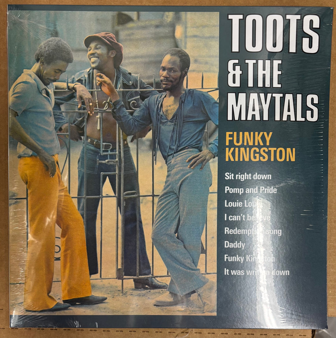 Album cover of 'Funky Kingston' by Toots & The Maytals featuring three men in a fence gate.