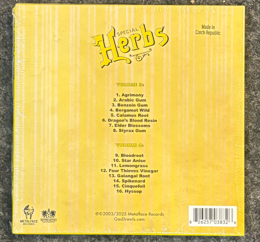 Metal Fingers (MF DOOM) - Special Herbs Vol. 3 & 4, featuring a yellow striped background with track listings, the Metallica logo, and a barcode.