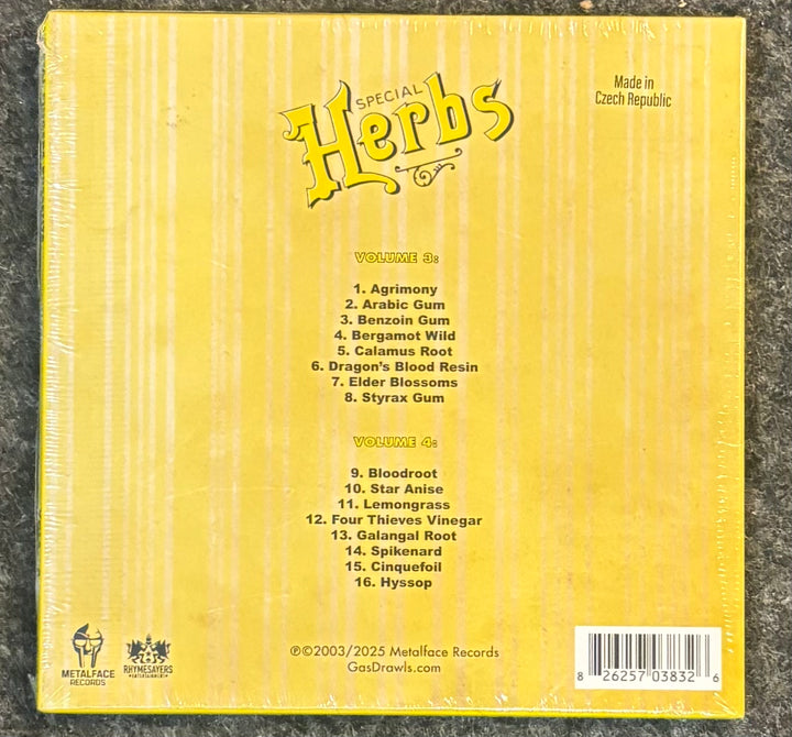 Metal Fingers (MF DOOM) - Special Herbs Vol. 3 & 4, featuring a yellow striped background with track listings, the Metallica logo, and a barcode.