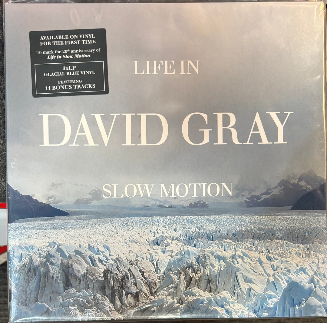 David Gray's 'Life in Slow Motion' 12-inch vinyl record cover, featuring a glacier landscape. The cover has a black sticker in the top-left corner detailing the vinyl edition features.