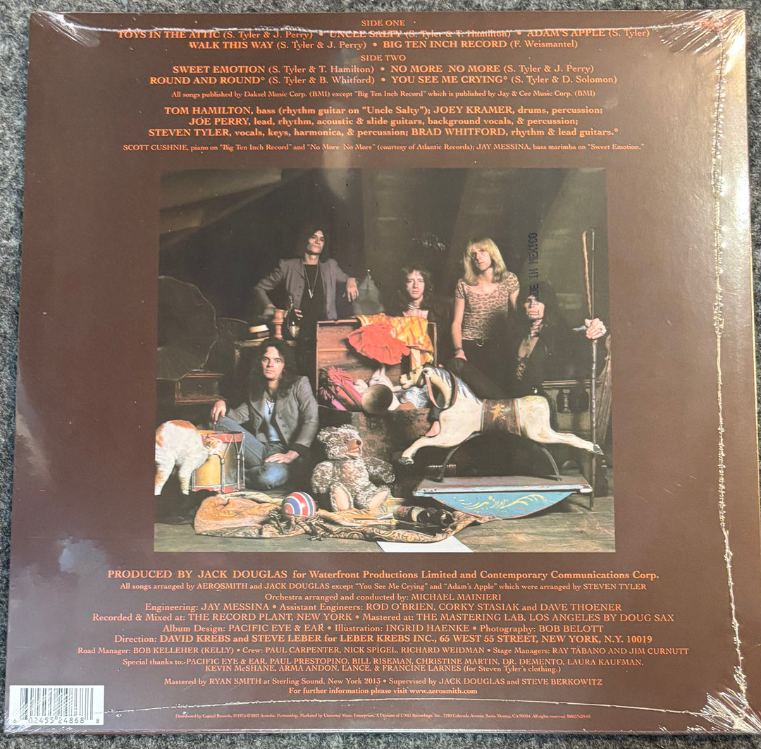Back cover of a AEROSMITH – TOYS IN THE ATTIC with band members and text