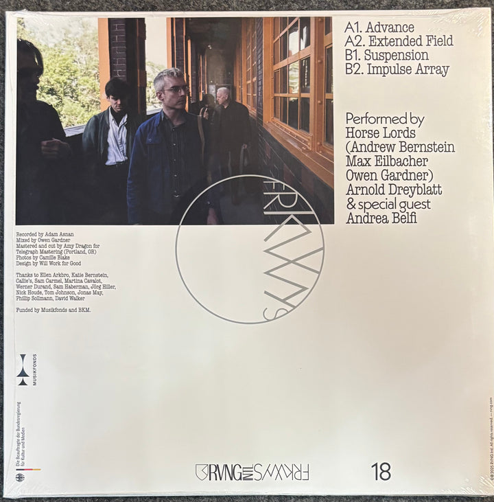 Vinyl record sleeve for Horse Lords & Arnold Dreyblatt ‎– FRKWYS Vol. 18: Extended Field LP, featuring a black-and-white photo of band members and tracklist text on a cream-colored cover.