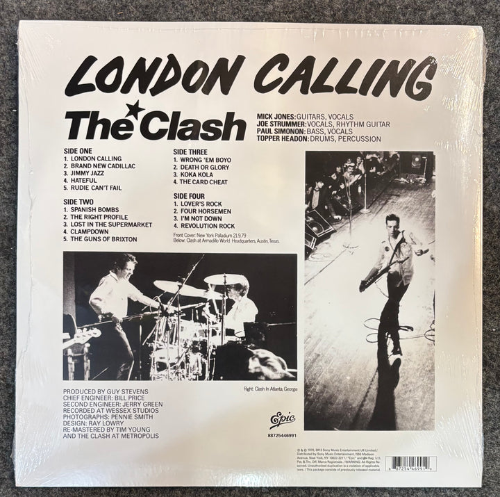 Back cover of 'London Calling' by The Clash with black and white photos and text.