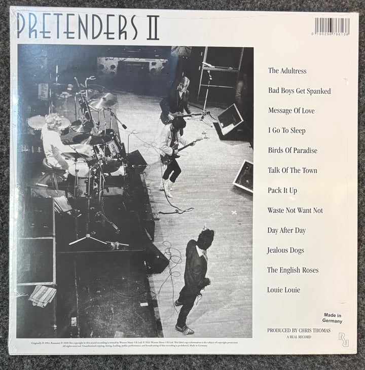 Back album cover of 'Pretenders II' with band members in a studio setting and tracklist on the right.