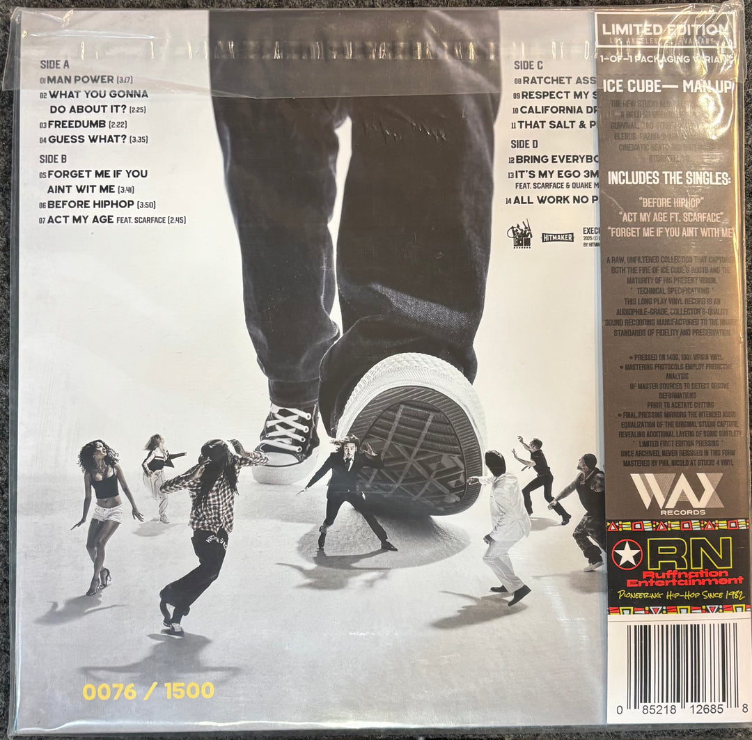 ICE CUBE – MAN UP cover with a shoe stepping on people, surrounded by text and branding.