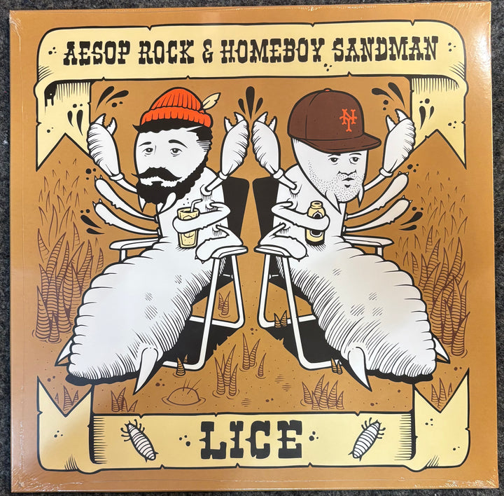 A square vinyl record cover for 'Lice' by Aesop Rock & Homeboy Sandman, featuring a stylized illustration of two men with beards sitting in camp chairs holding beer bottles, set against a desert landscape background.