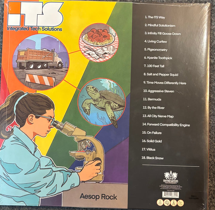 A vinyl record sleeve for Aesop Rock - Integrated Tech Solution' album, featuring a colorful educational-style illustration of a girl using a microscope and various science-themed graphics, with tracklist text on the right side.