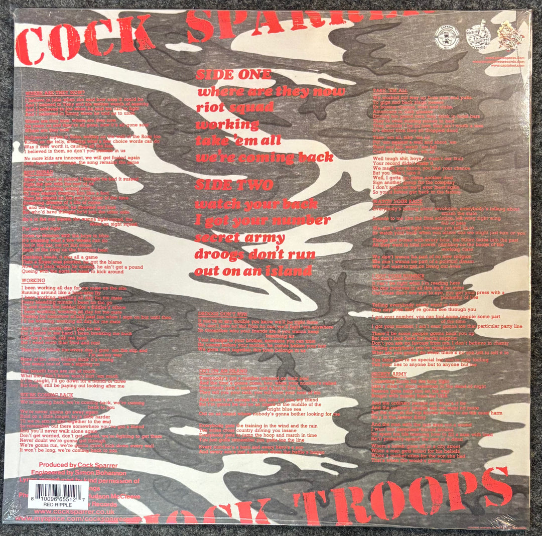 Back cover of Cock Sparrer – Shock Troops with text and camouflage design
