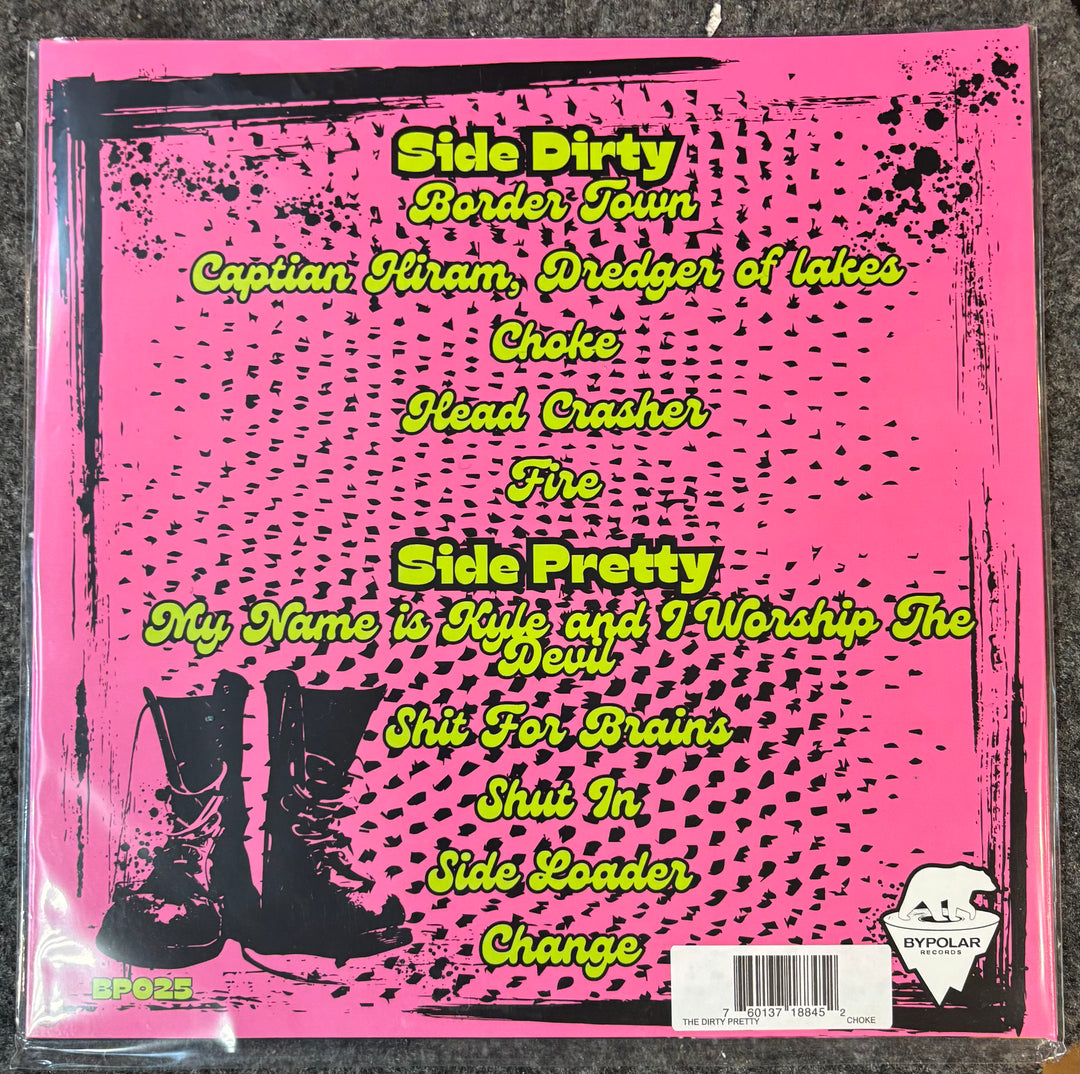 Dirty Pretty back vinyl record cover with text and boots on a pink background