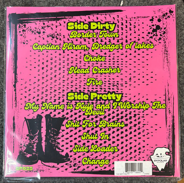 Dirty Pretty back vinyl record cover with text and boots on a pink background