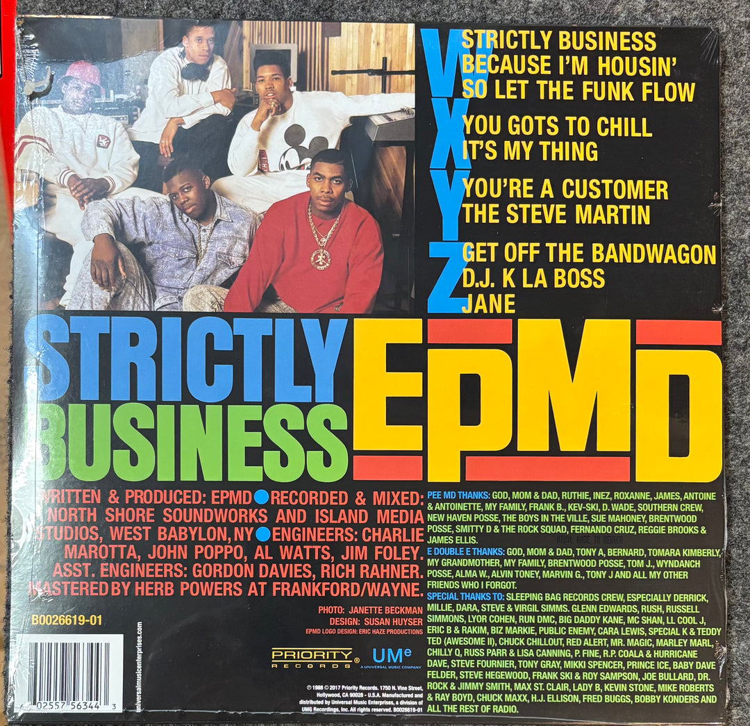 Back cover of EMPD - Strictly Business with colorful text and images of people.