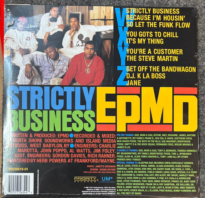 Back cover of EMPD - Strictly Business with colorful text and images of people.