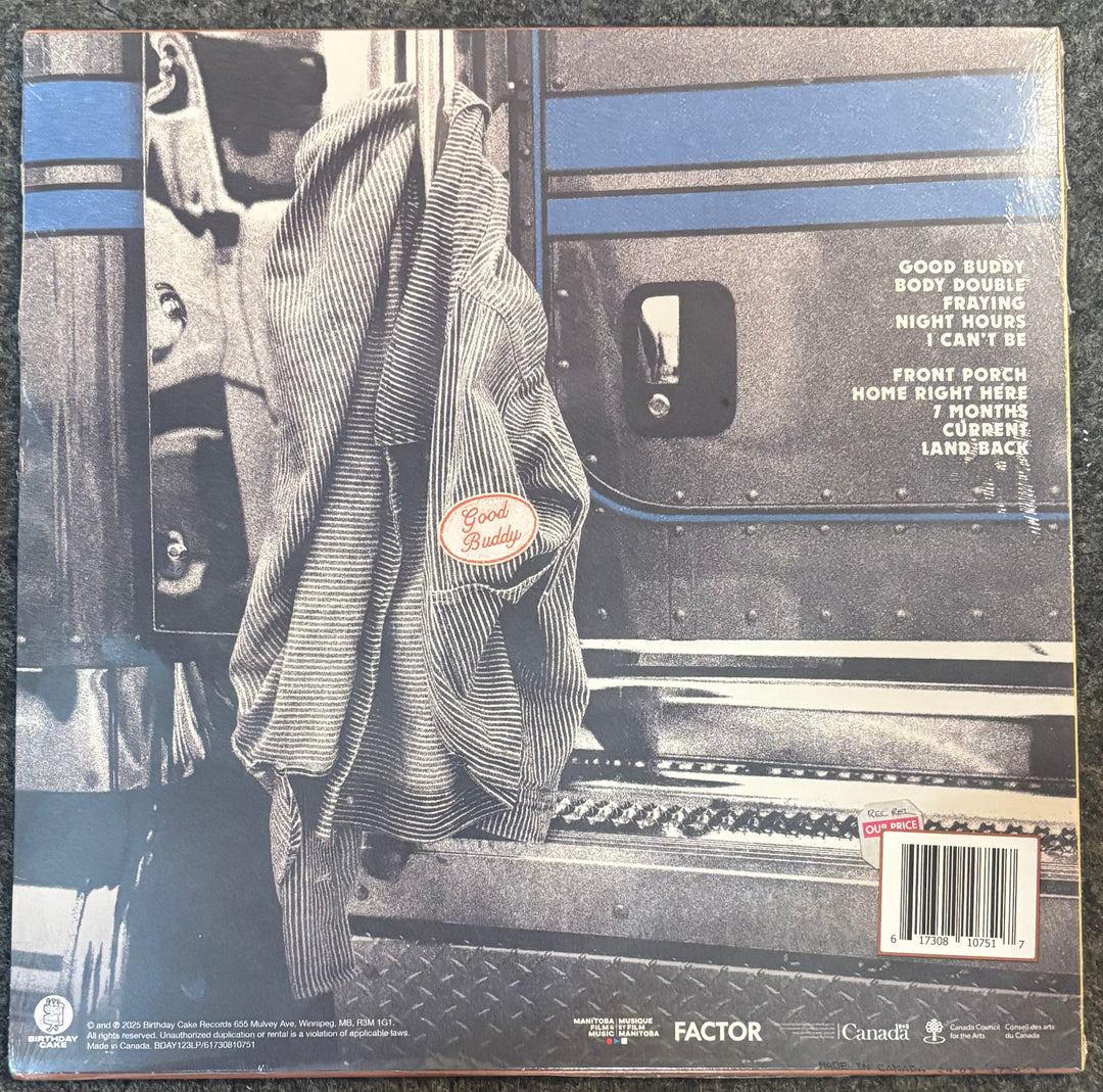 The back cover of Fontine - Good Buddy, featuring a black and white photograph of a striped work jacket hanging on a rail. The tracklist is printed on the right side, and a barcode with a red border is in the bottom right corner.