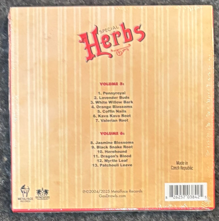 The back cover of Metal Fingers (MF DOOM) - Special Herbs Vol. 5 & 6, featuring a light wood-grain background with red and black text detailing the tracklist for volumes 2 and 3.