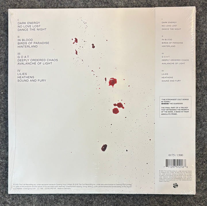 Back cover of CULT, THE – HIDDEN CITY with text and red splashes on a textured surface