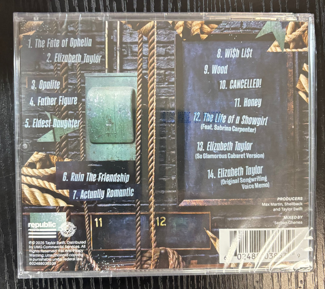 Back cover of Taylor Swift 'The Life of a Showgirl' with tracklist and album design elements.