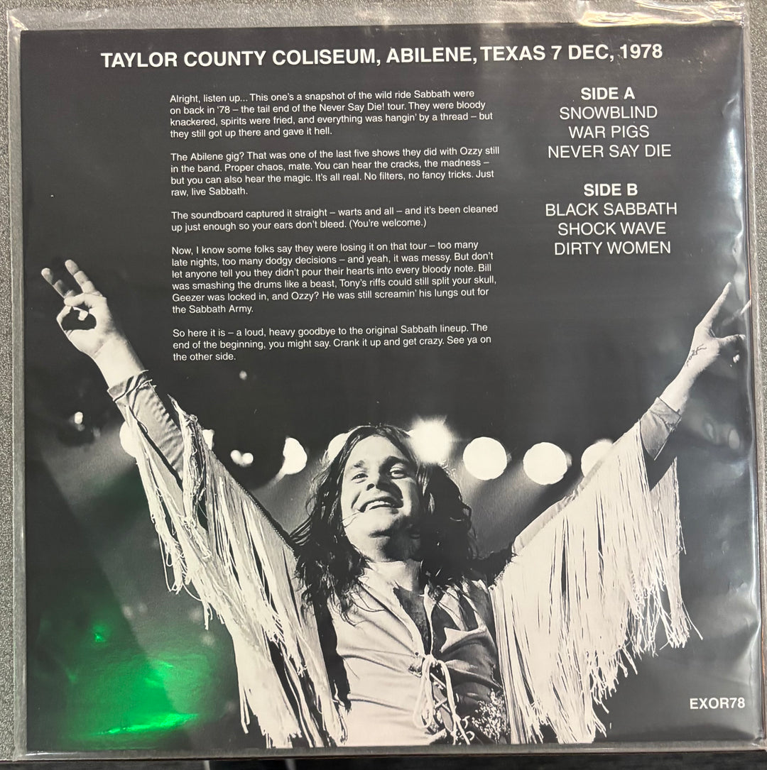 BLACK SABBATH - THE EXORCIST Album cover with a person with outstretched arms and text about a concert at Taylor County Coliseum, Abilene, Texas on 7 Dec, 1978.