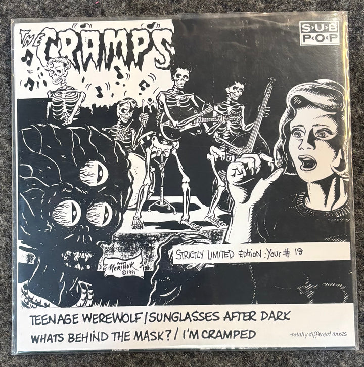 Album cover for The Cramps with black and white illustration of skeletons and a woman, featuring text and branding.
