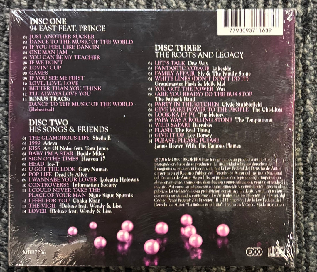 Back cover of the Many Faces of Prince album with track listings on a textured surface