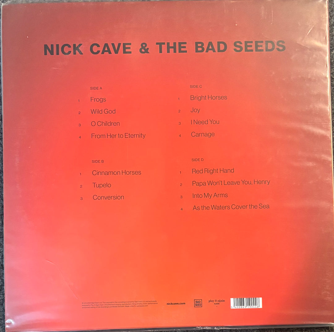 The back cover of a vinyl record for Cave, Nick & The Bad Seeds showing track listings on a red-to-orange gradient background.