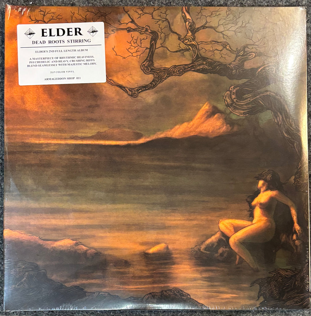 Elder - Dead Roots Stirring album cover with a person sitting by a body of water and a tree, with 'Elder' album text at the top.