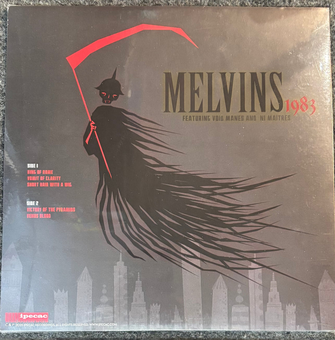 Vinyl record cover for MELVINS - THUNDERBALL featuring a silhouette with a red scythe against a cityscape.