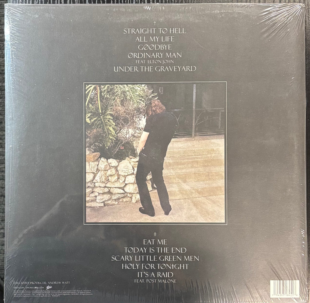 Ozzy Osbourne - Ordinary Man record cover with a person standing on steps and text