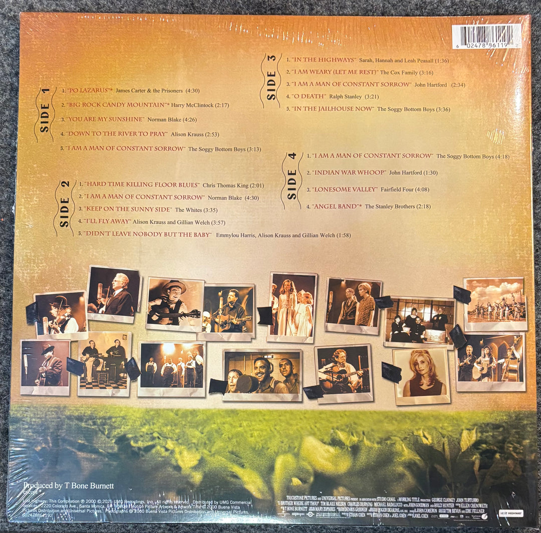 Back cover of O BROTHER, WHERE ART THOU? with track listings and album cover images.
