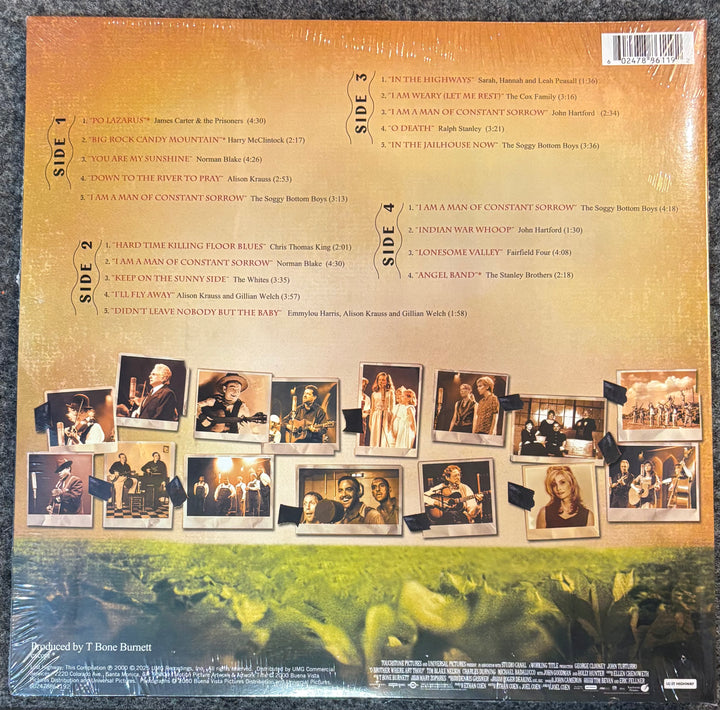 Back cover of O BROTHER, WHERE ART THOU? with track listings and album cover images.