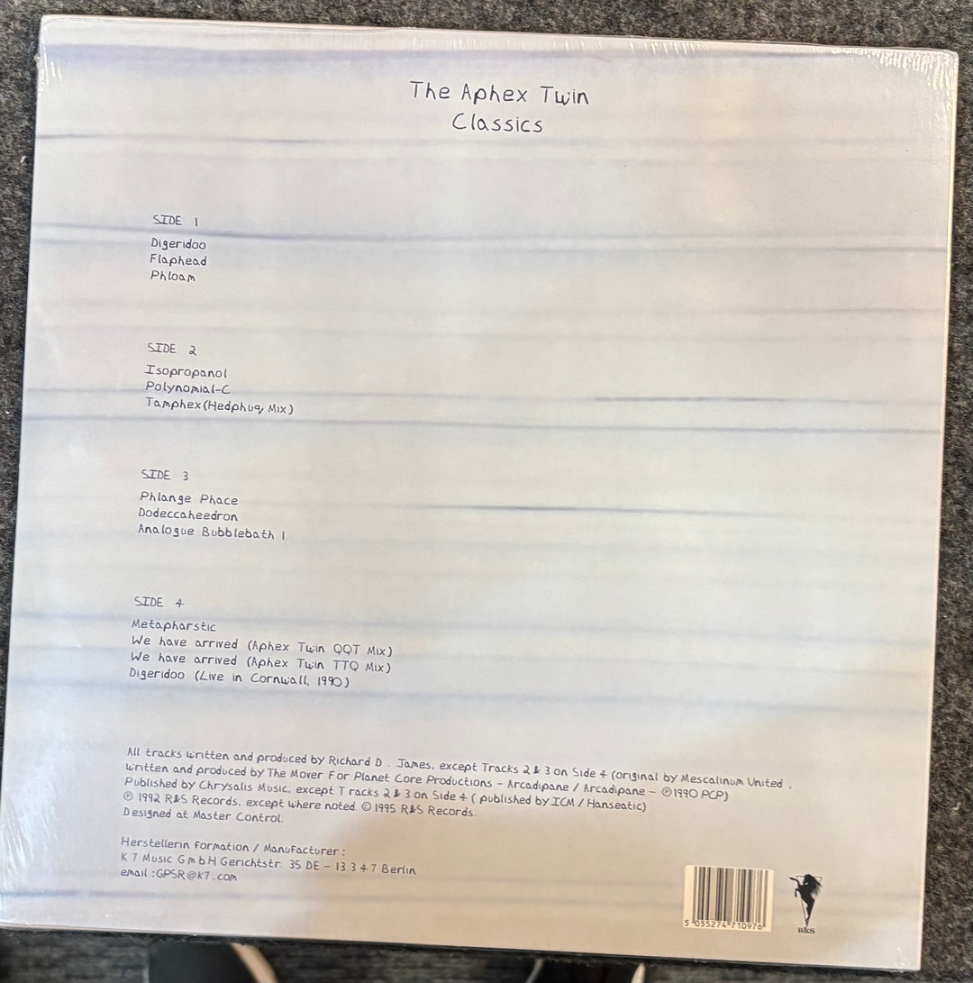 Back cover of APHEX TWIN – CLASSICS with tracklist and branding