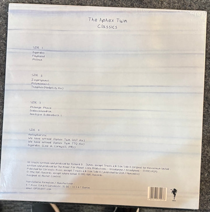 Back cover of APHEX TWIN – CLASSICS with tracklist and branding