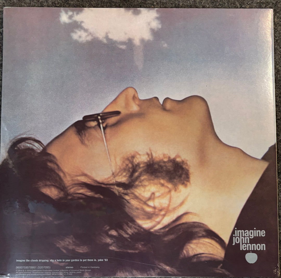 Vinyl record cover for John Lennon's 'Imagine', showing a close-up of the artist's face with sunglasses on a blue sky background, with the album title and artist name printed in the lower right.