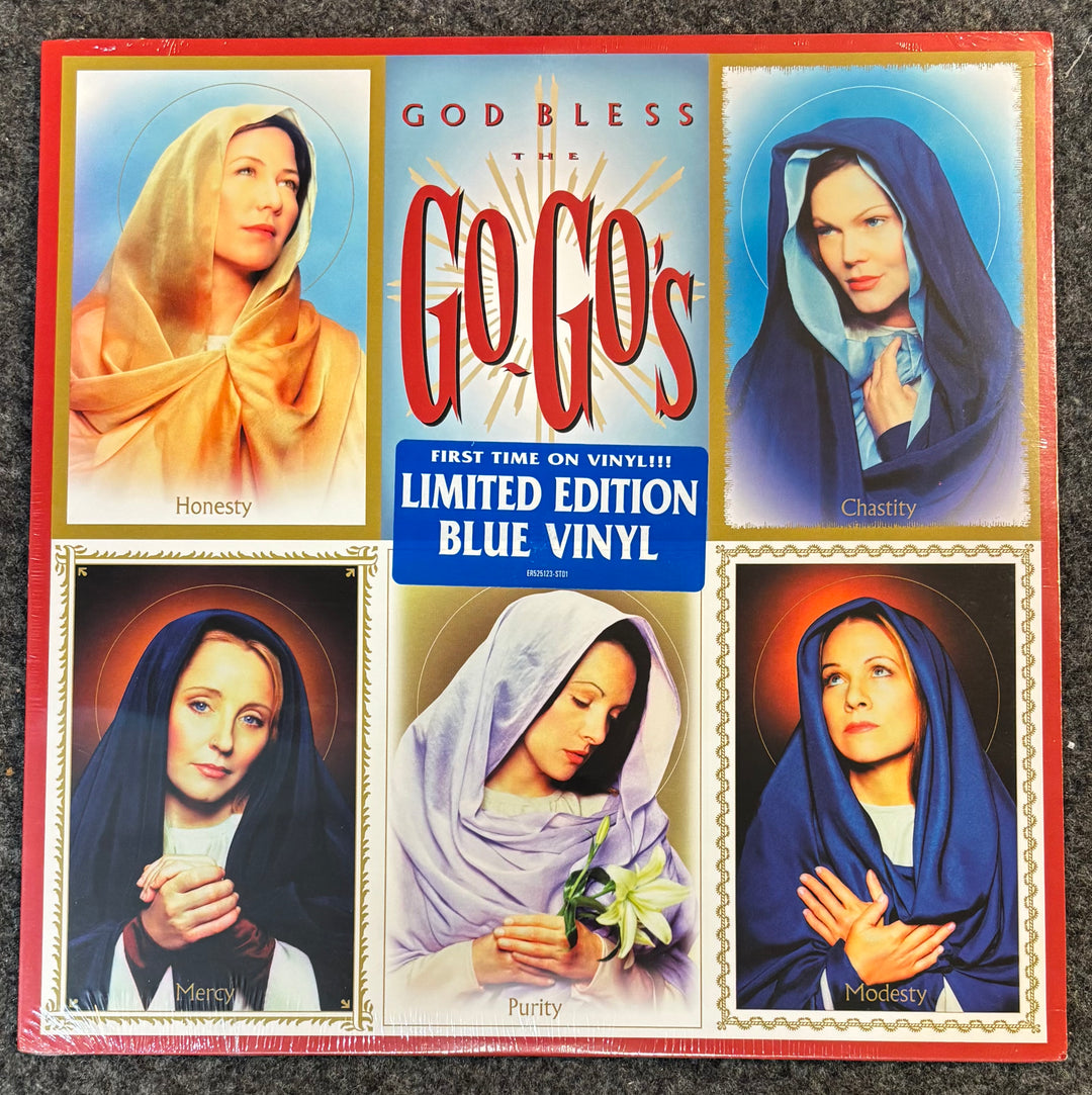 GO-GO'S - GOD BLESS THE GO-GO'S Vinyl record cover with images of a woman and text 'GOD BLESS GO GO'S' on blue vinyl.
