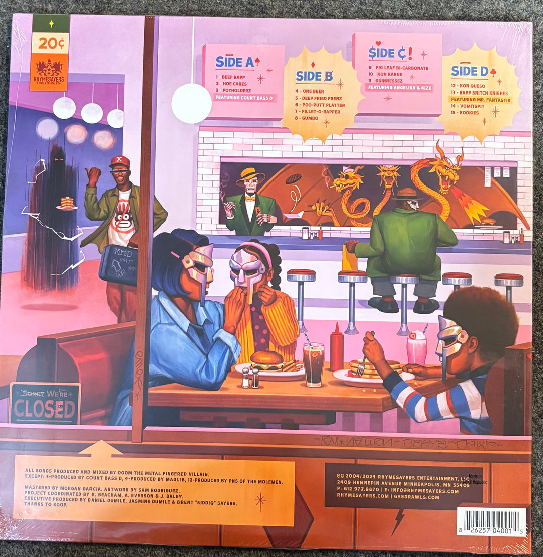 Vinyl record sleeve for MF Doom – MM..Food, featuring a colorful retro diner illustration with customers and a dragon graphic.