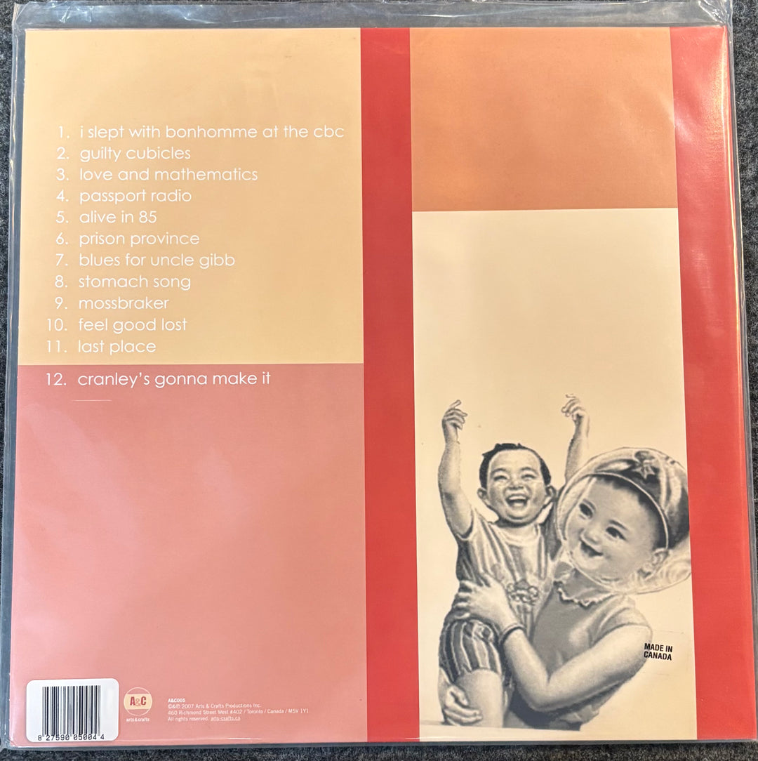 Back cover of BROKEN SOCIAL SCENE - FEEL GOOD LOST with album tracklist and vintage-style illustration of two children.