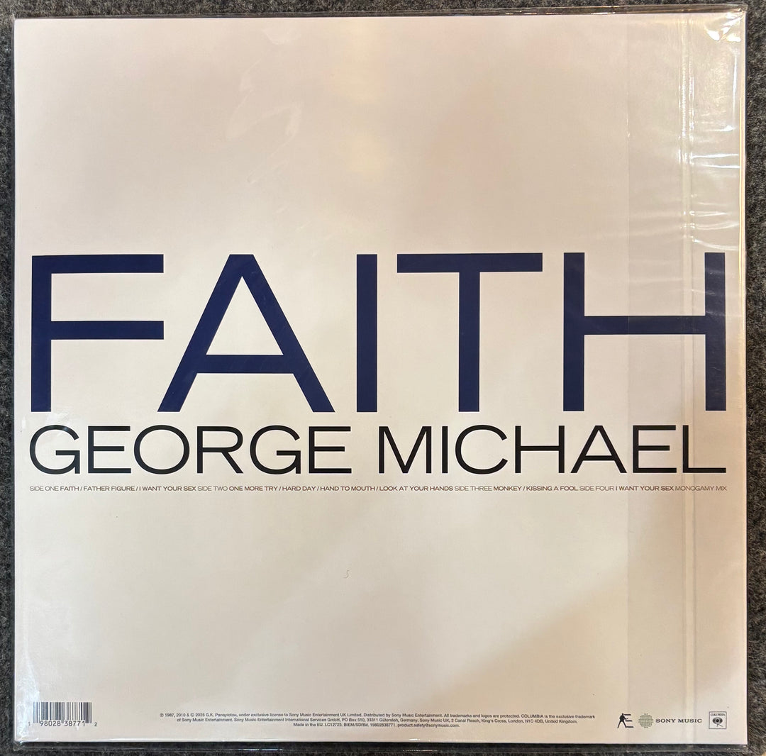 Vinyl record cover for 'Faith' by George Michael with a metallic sheen.
