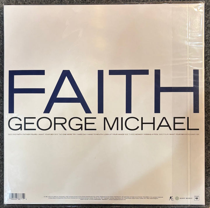 Vinyl record cover for 'Faith' by George Michael with a metallic sheen.